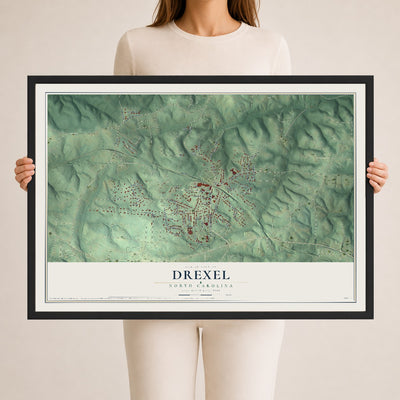 Map of Drexel, North Carolina, 24 x 36 inch print in a black wood frame