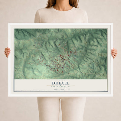Map of Drexel, North Carolina, 24 x 36 inch print in a white wood frame