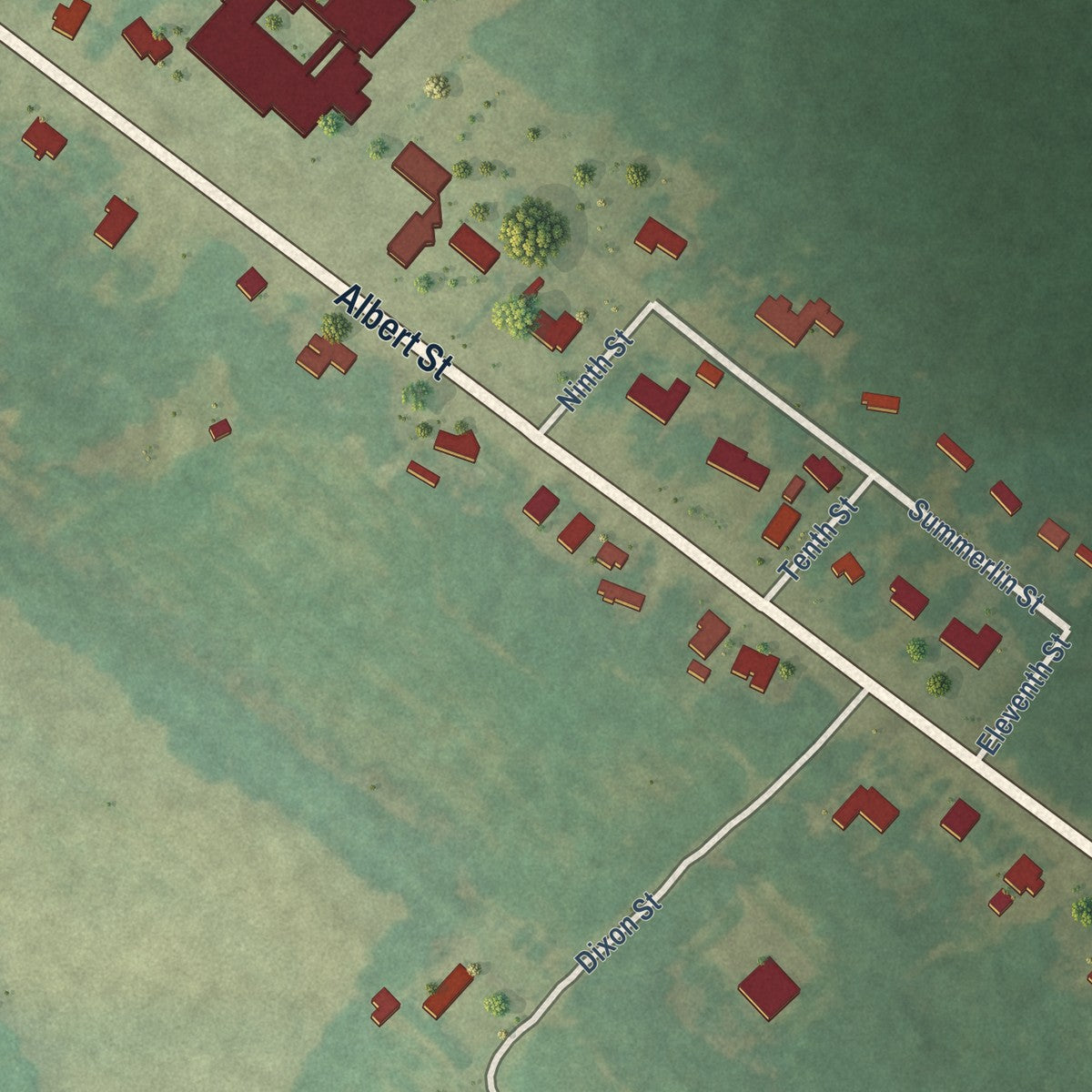 Second close-up of the map of Dublin, North Carolina print showing more streets and buildings