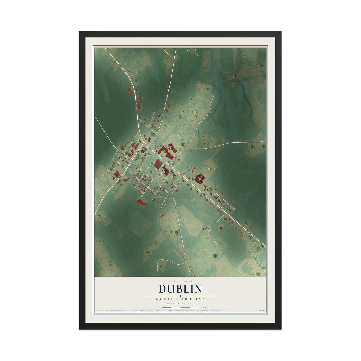 Map of Dublin, North Carolina, 12 x 18 inch print in a black wood frame