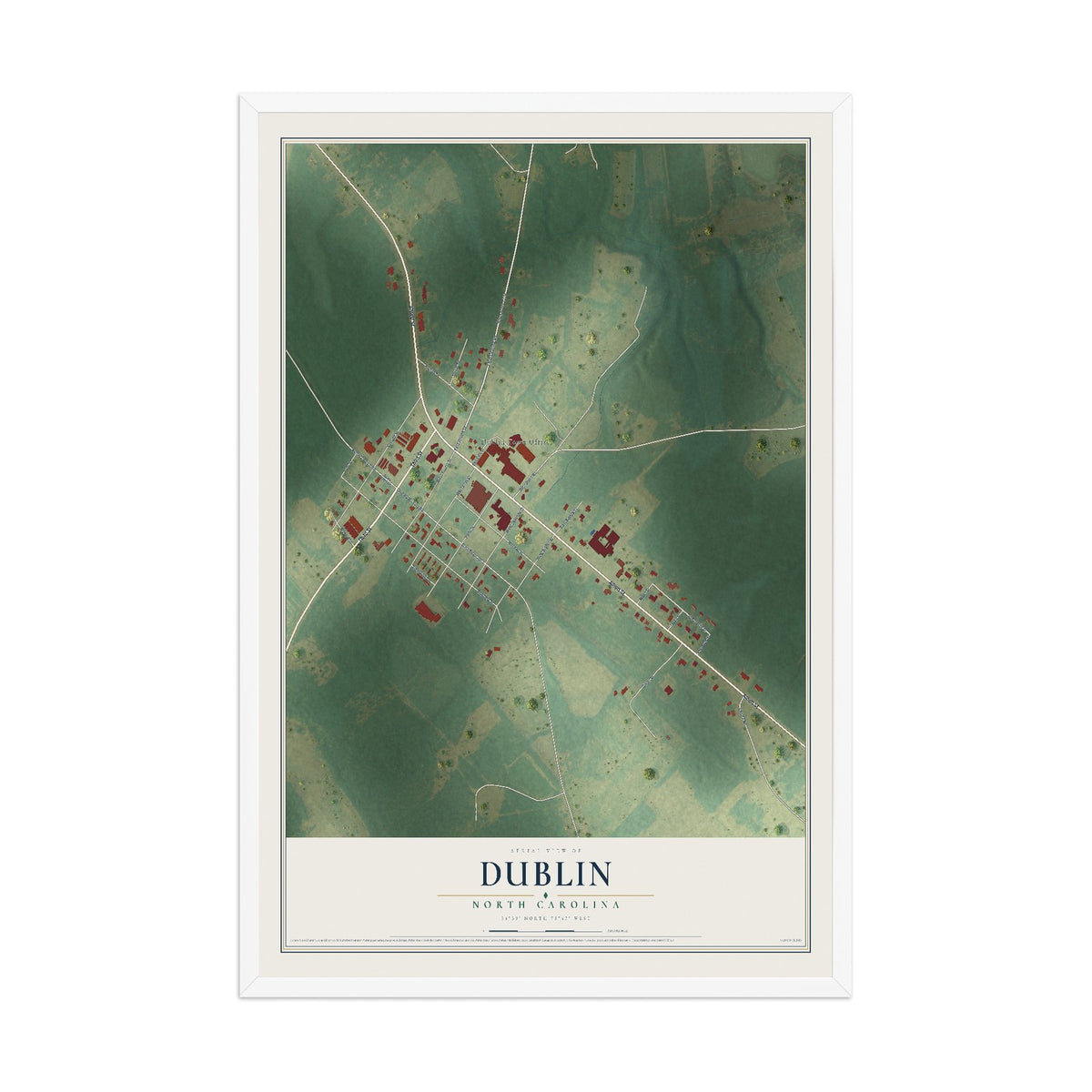 Map of Dublin, North Carolina, 12 x 18 inch print in a white wood frame
