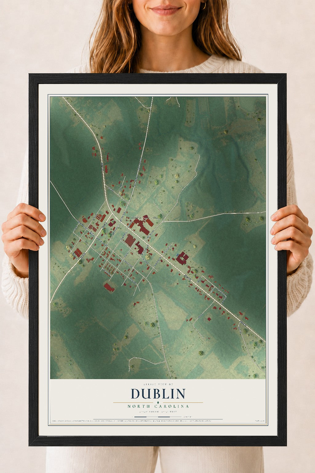 Map of Dublin, North Carolina, 18 x 24 inch print in a black wood frame
