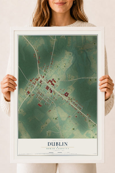 Map of Dublin, North Carolina, 18 x 24 inch print in a white wood frame