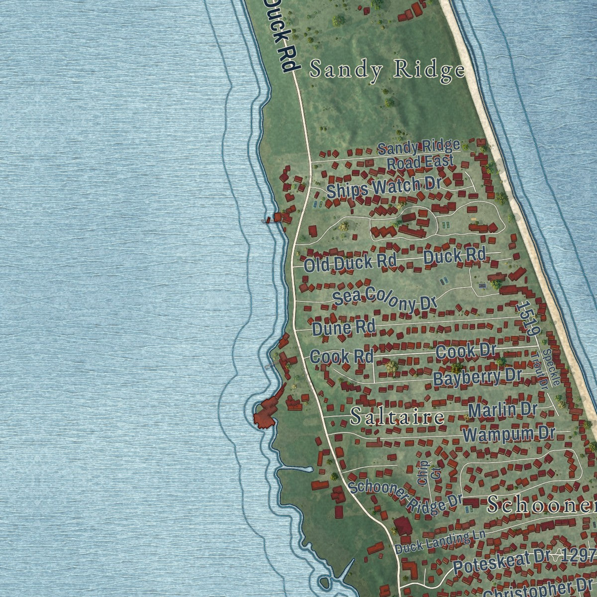 Second close-up of the map of Duck, North Carolina print showing more streets and buildings