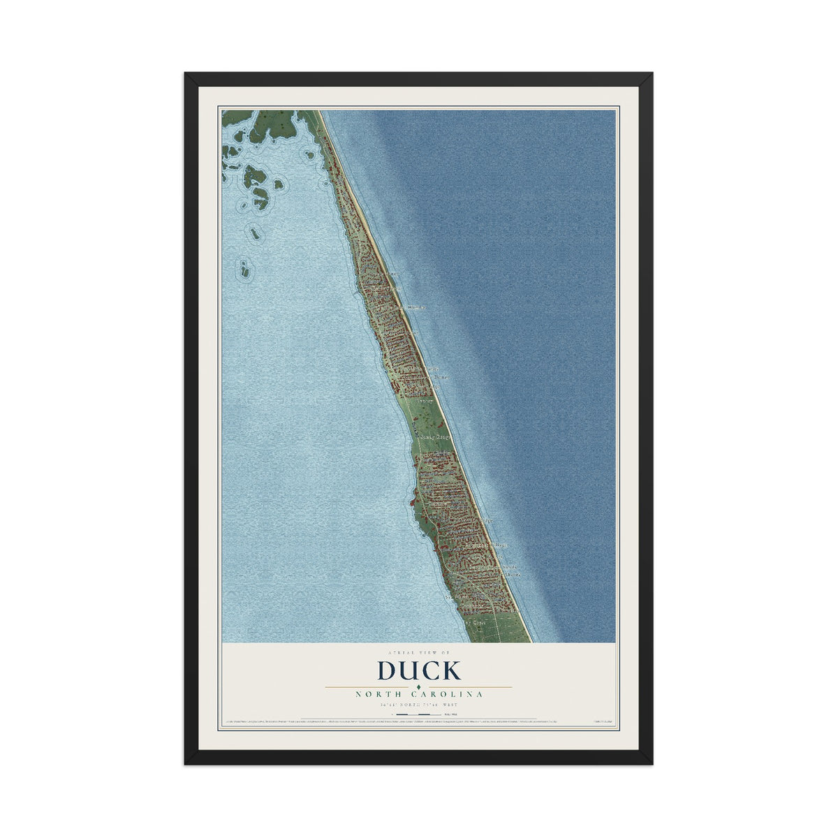 Map of Duck, North Carolina, 12 x 18 inch print in a black wood frame
