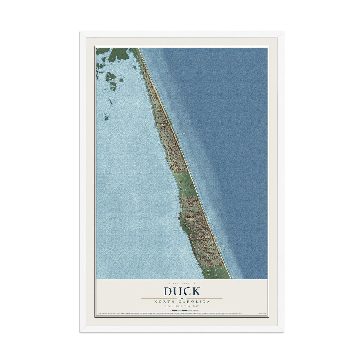 Map of Duck, North Carolina, 12 x 18 inch print in a white wood frame