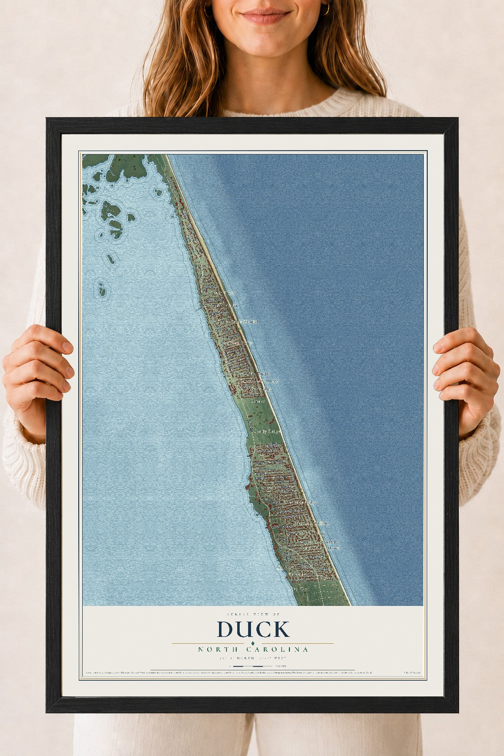 Map of Duck, North Carolina, 18 x 24 inch print in a black wood frame