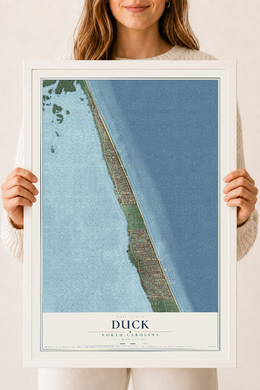 Map of Duck, North Carolina, 18 x 24 inch print in a white wood frame