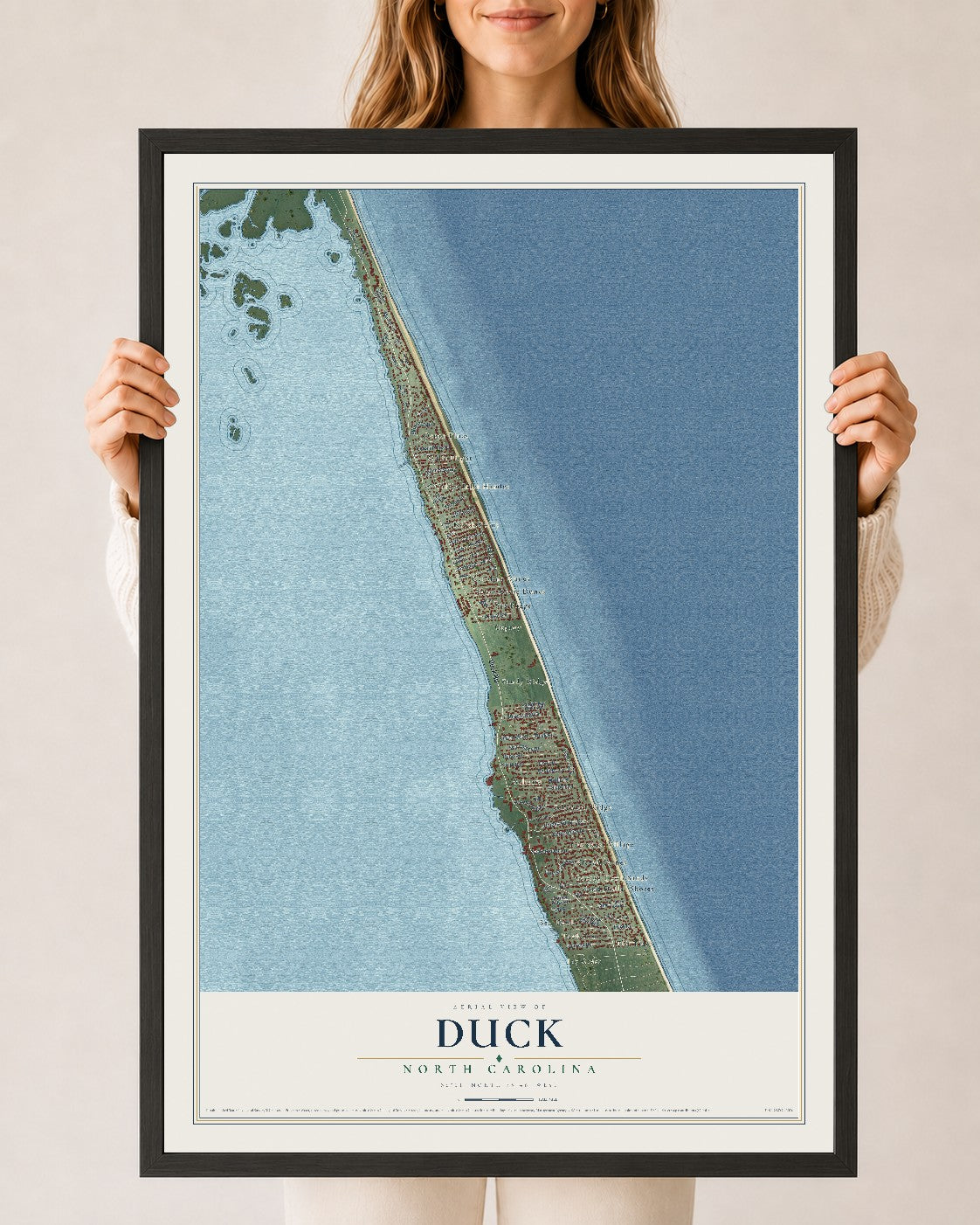 Map of Duck, North Carolina, 24 x 36 inch print in a black wood frame