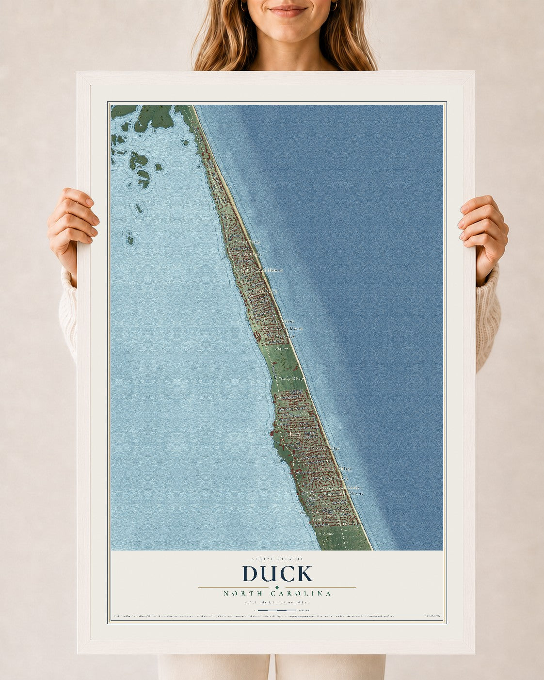 Map of Duck, North Carolina, 24 x 36 inch print in a white wood frame