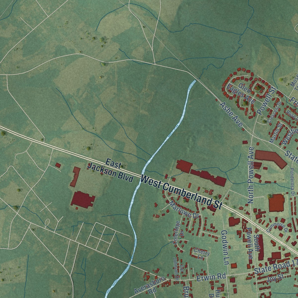 Second close-up of the map of Dunn, North Carolina print showing more streets and buildings