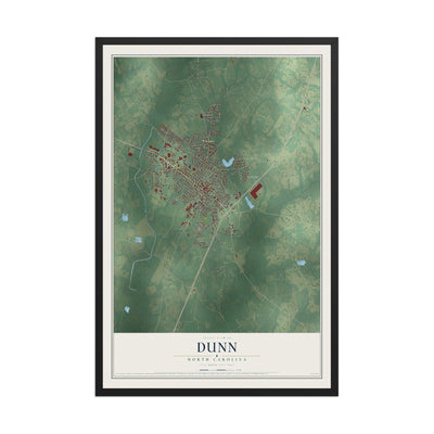Map of Dunn, North Carolina, 12 x 18 inch print in a black wood frame