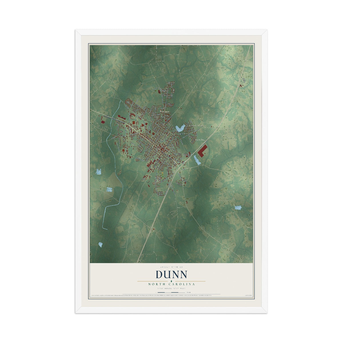 Map of Dunn, North Carolina, 12 x 18 inch print in a white wood frame