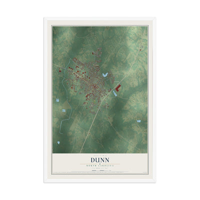 Map of Dunn, North Carolina, 12 x 18 inch print in a white wood frame