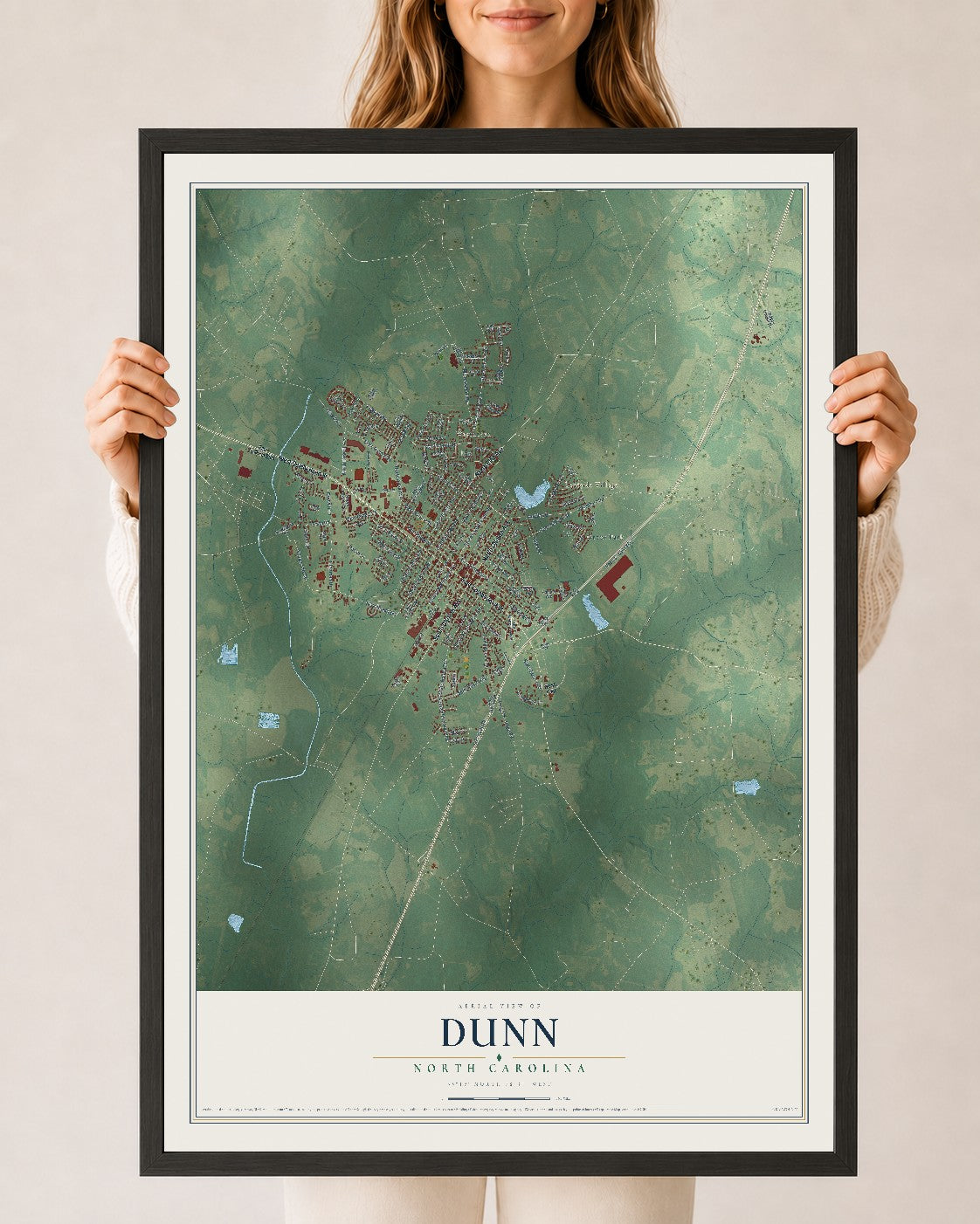 Map of Dunn, North Carolina, 24 x 36 inch print in a black wood frame