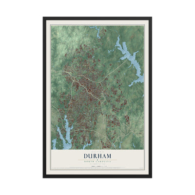 Map of Durham, North Carolina, 12 x 18 inch print in a black wood frame