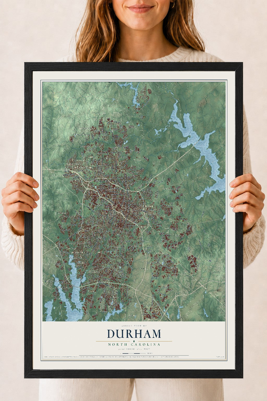 Map of Durham, North Carolina, 18 x 24 inch print in a black wood frame