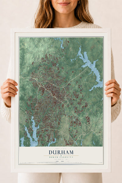 Map of Durham, North Carolina, 18 x 24 inch print in a white wood frame