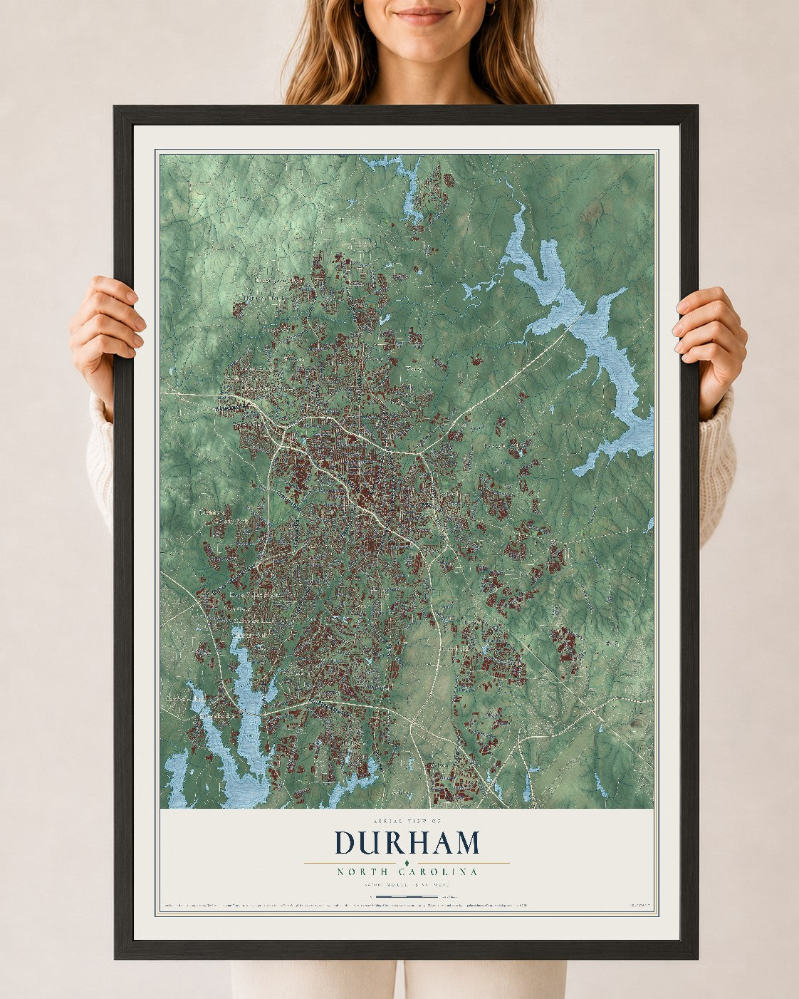 Map of Durham, North Carolina, 24 x 36 inch print in a black wood frame