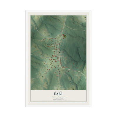 Map of Earl, North Carolina, 12 x 18 inch print in a white wood frame