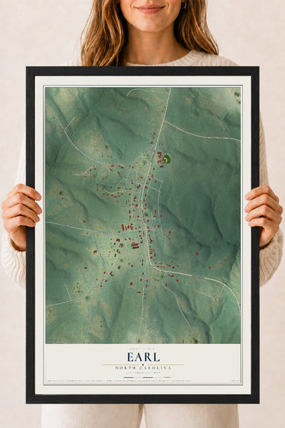 Map of Earl, North Carolina, 18 x 24 inch print in a black wood frame