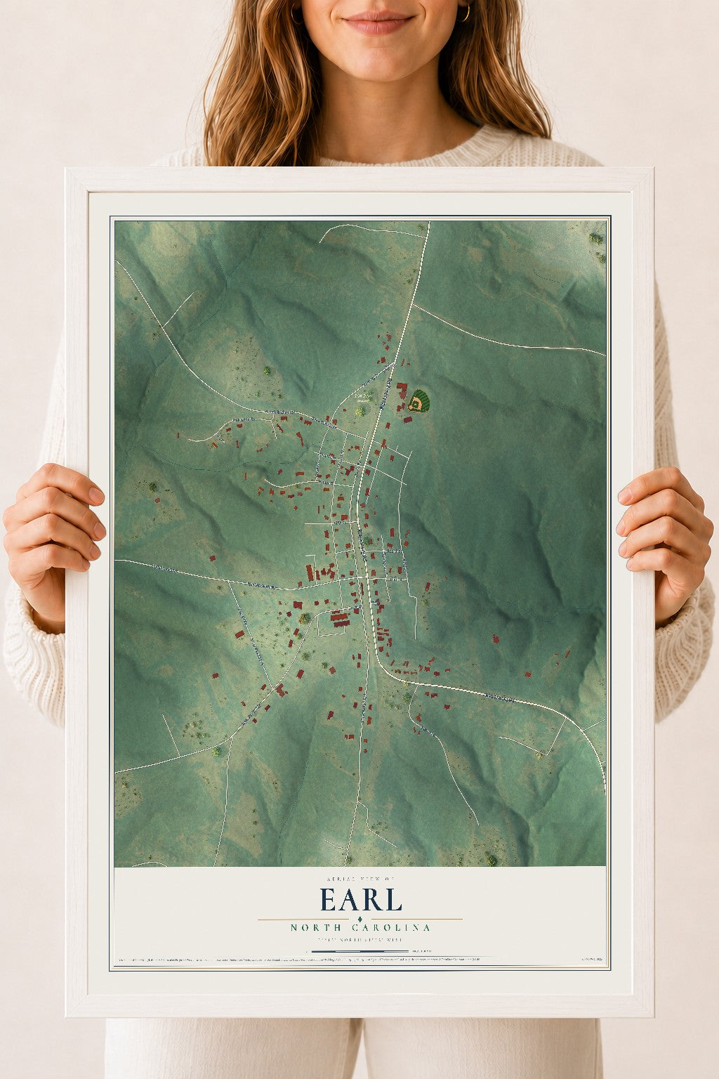Map of Earl, North Carolina, 18 x 24 inch print in a white wood frame