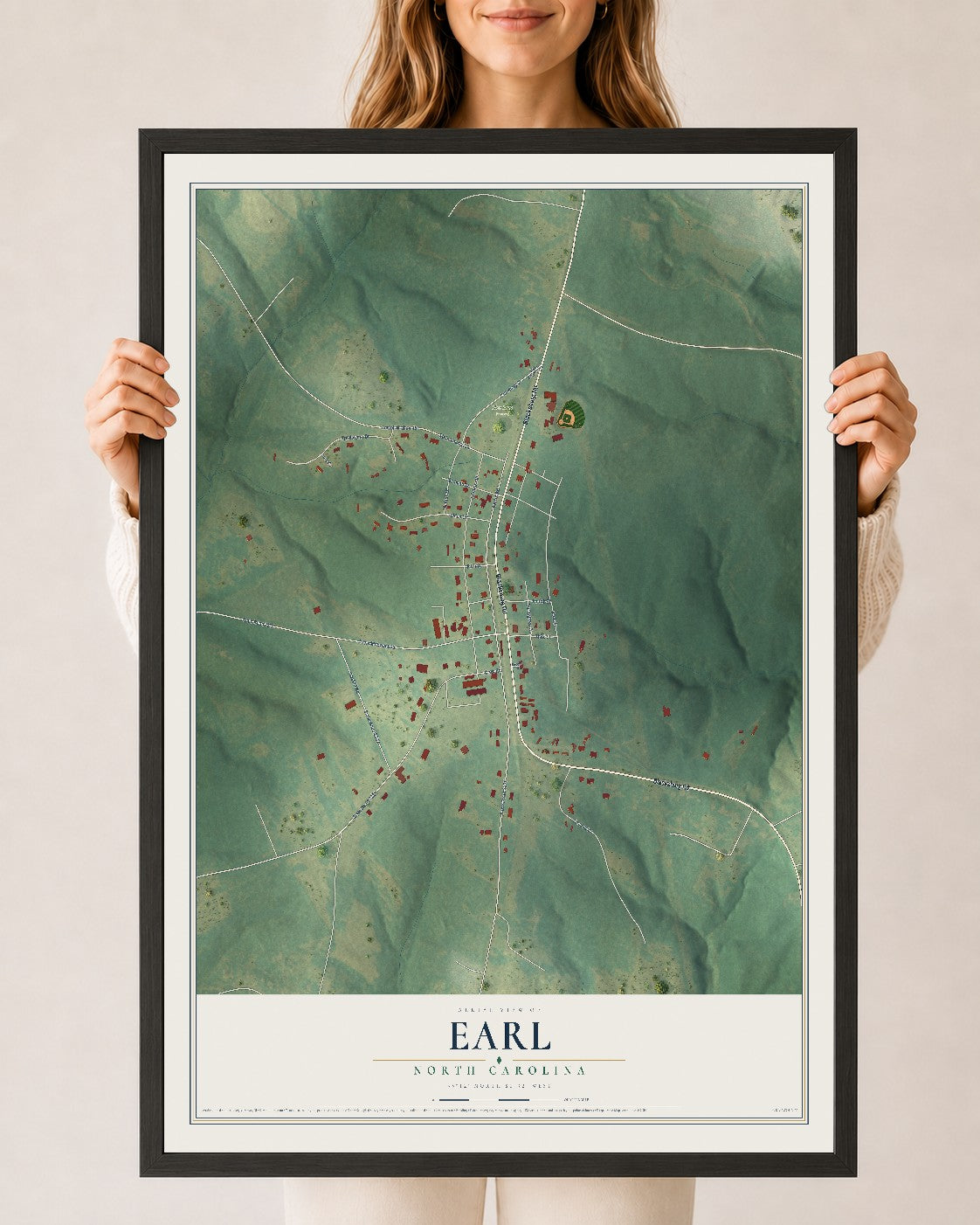Map of Earl, North Carolina, 24 x 36 inch print in a black wood frame