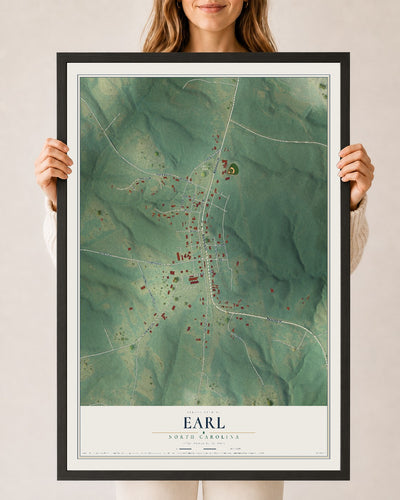 Map of Earl, North Carolina, 24 x 36 inch print in a black wood frame