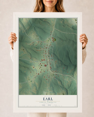 Map of Earl, North Carolina, 24 x 36 inch print in a white wood frame