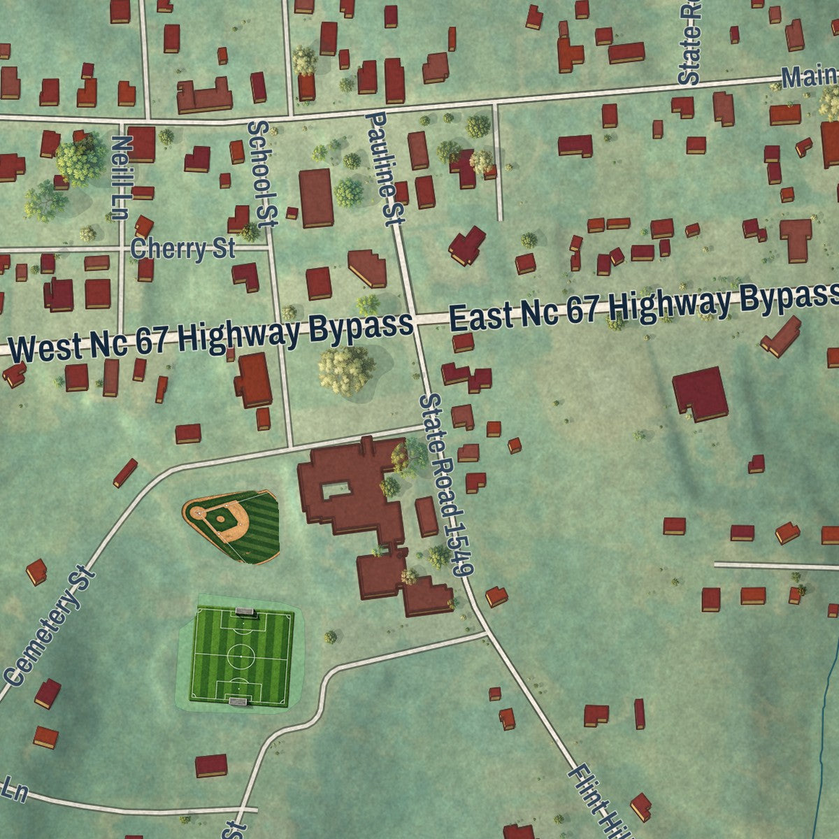 Close-up of the map of East Bend, North Carolina print showing street and building detail