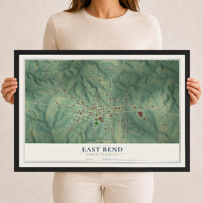 Map of East Bend, North Carolina, 12 x 18 inch print in a black wood frame