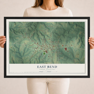 Map of East Bend, North Carolina, 18 x 24 inch print in a black wood frame