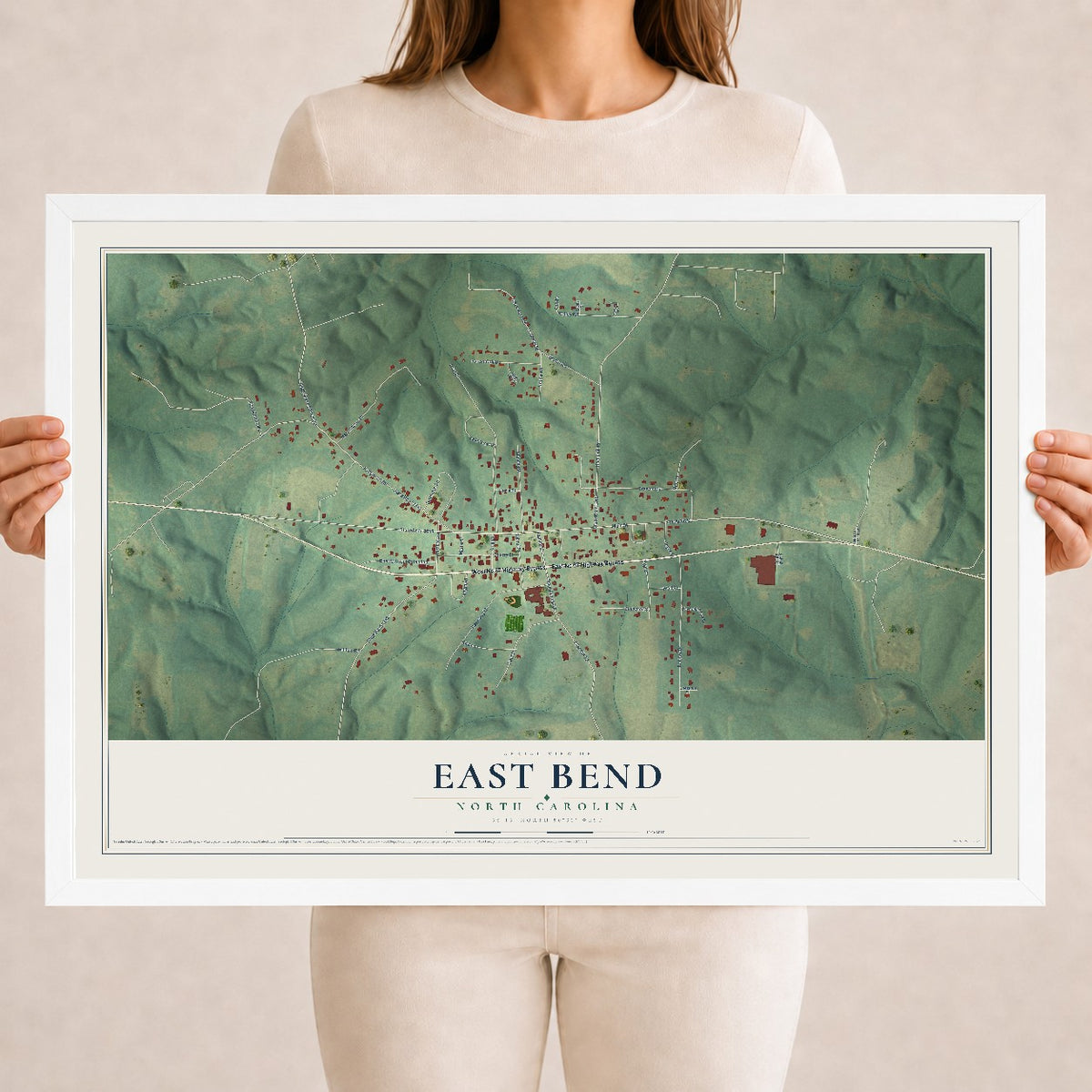 Map of East Bend, North Carolina, 18 x 24 inch print in a white wood frame