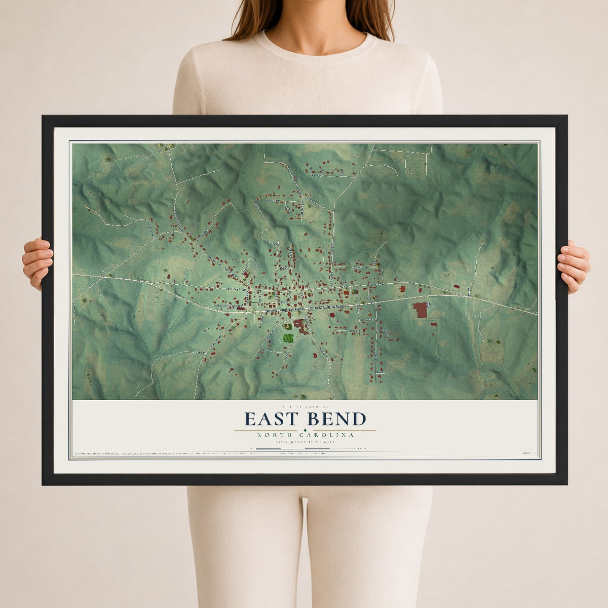 Map of East Bend, North Carolina, 24 x 36 inch print in a black wood frame