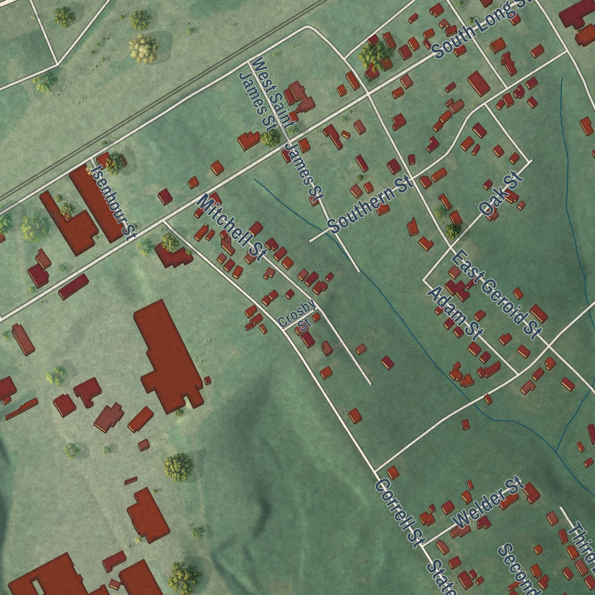 Second close-up of the map of East Spencer, North Carolina print showing more streets and buildings