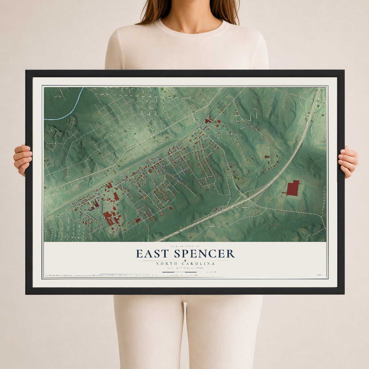 Map of East Spencer, North Carolina, 24 x 36 inch print in a black wood frame