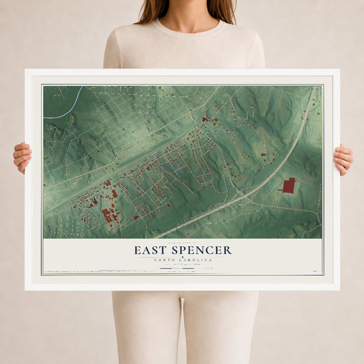 Map of East Spencer, North Carolina, 24 x 36 inch print in a white wood frame