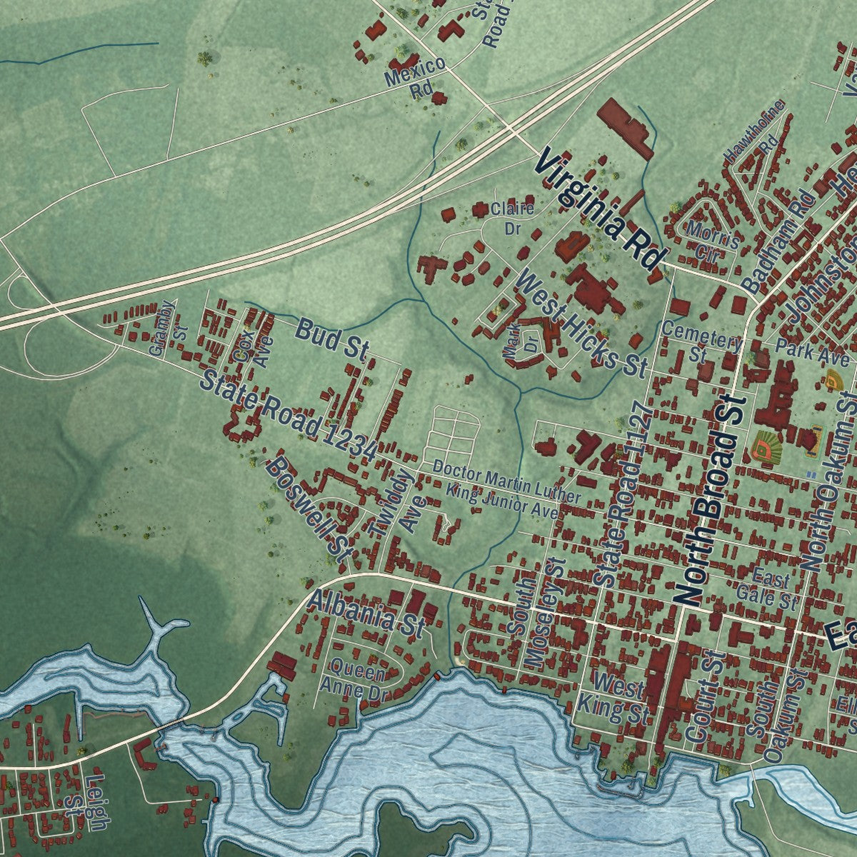 Close-up of the map of Edenton, North Carolina print showing street and building detail