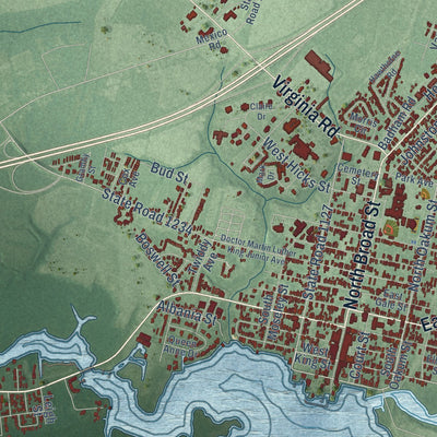 Close-up of the map of Edenton, North Carolina print showing street and building detail