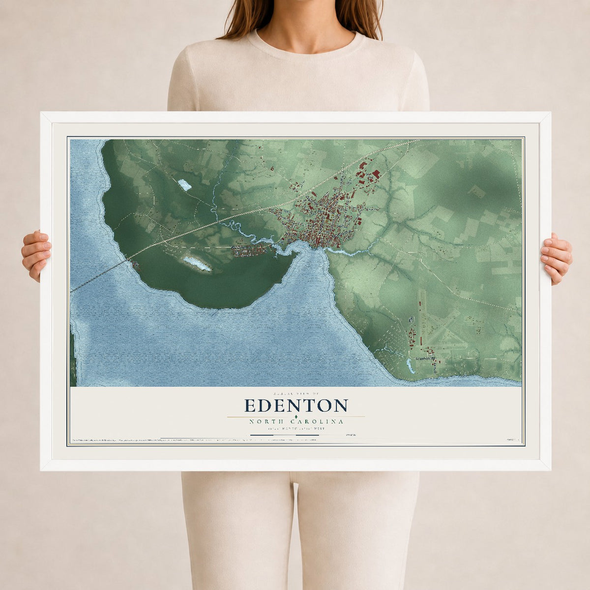 Map of Edenton, North Carolina, 24 x 36 inch print in a white wood frame