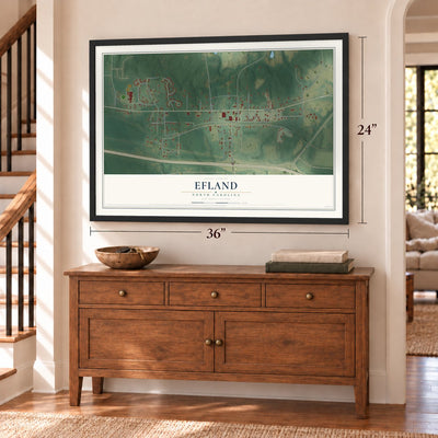 Efland, North Carolina map, 24 x 36 inch print in a black frame above a dresser by a staircase