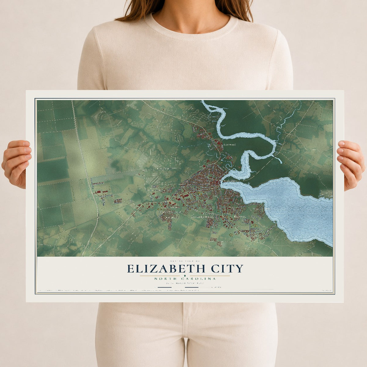 Map of Elizabeth City, North Carolina, 12 x 18 inch unframed archival matte print
