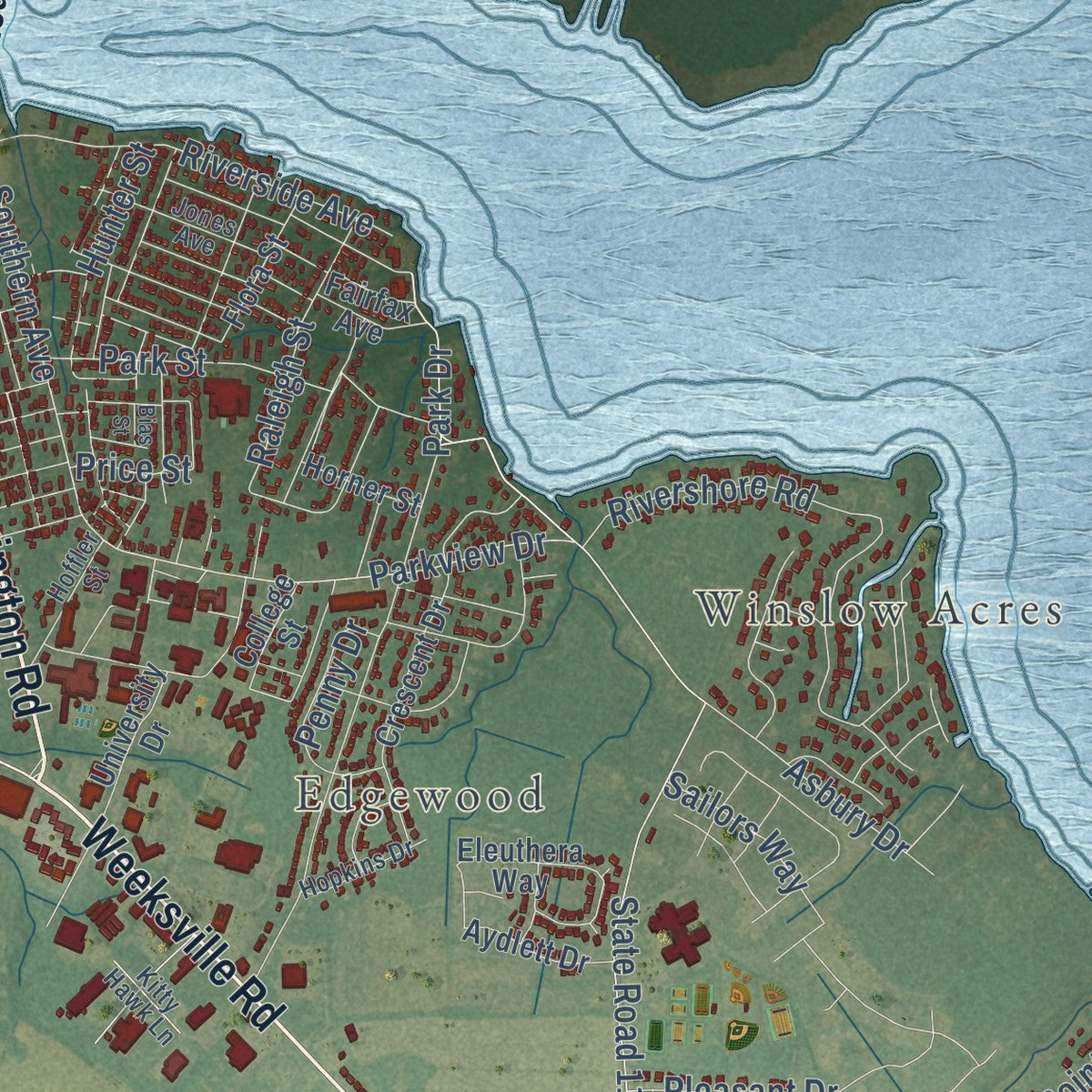 Second close-up of the map of Elizabeth City, North Carolina print showing more streets and buildings