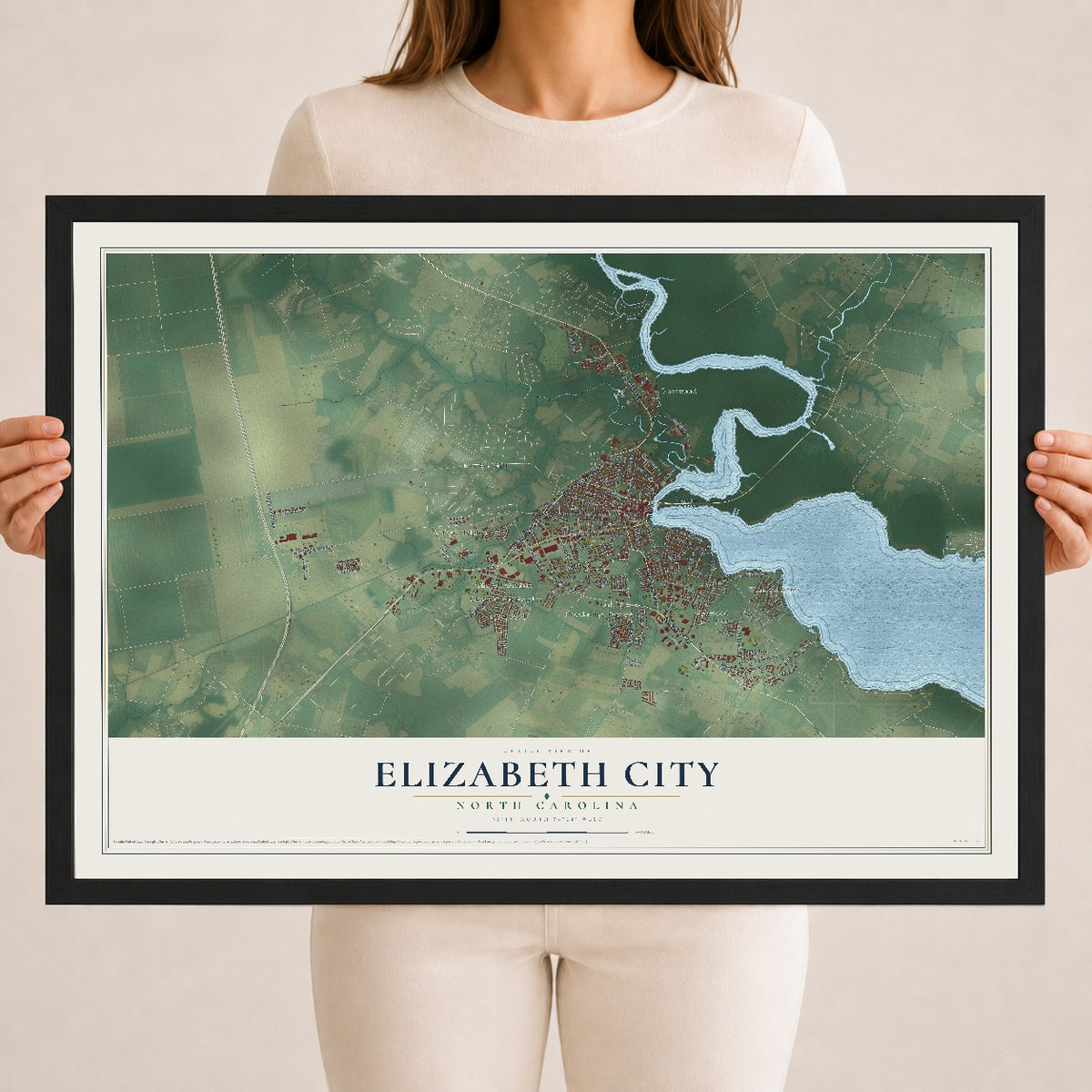 Map of Elizabeth City, North Carolina, 18 x 24 inch print in a black wood frame
