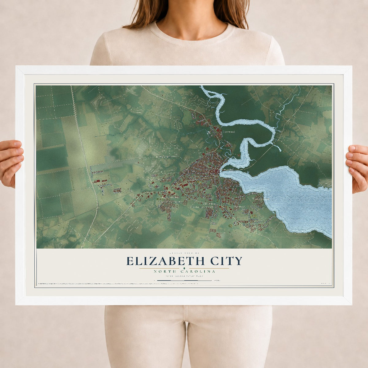 Map of Elizabeth City, North Carolina, 18 x 24 inch print in a white wood frame