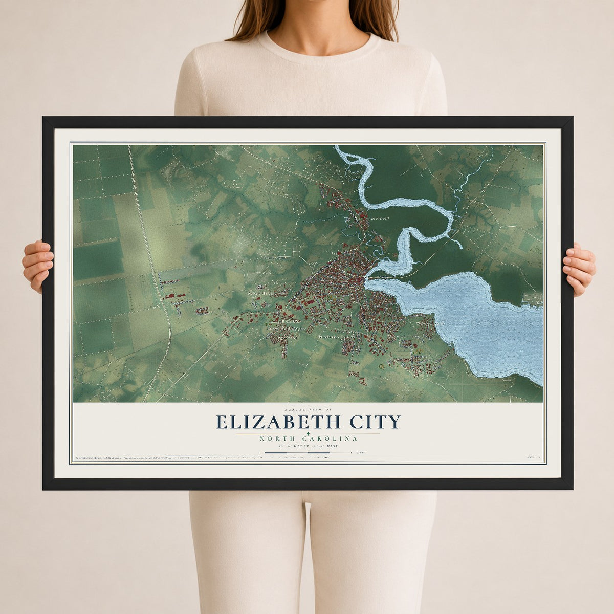 Map of Elizabeth City, North Carolina, 24 x 36 inch print in a black wood frame