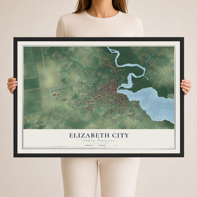 Map of Elizabeth City, North Carolina, 24 x 36 inch print in a black wood frame