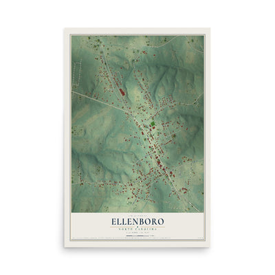 Map of Ellenboro, North Carolina, 12 x 18 inch unframed archival matte print
