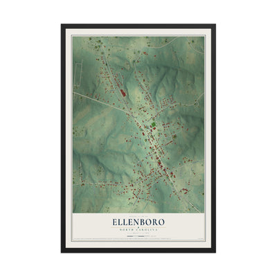 Map of Ellenboro, North Carolina, 12 x 18 inch print in a black wood frame
