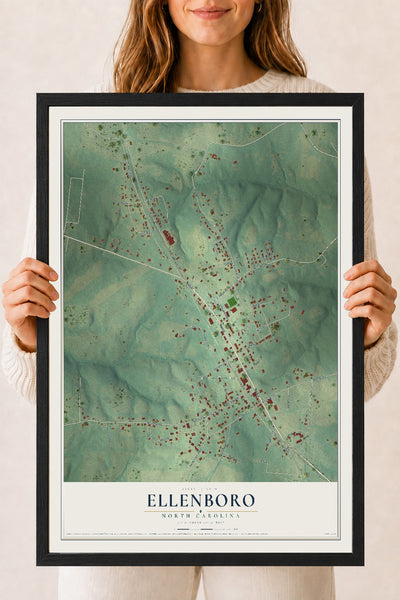 Map of Ellenboro, North Carolina, 18 x 24 inch print in a black wood frame